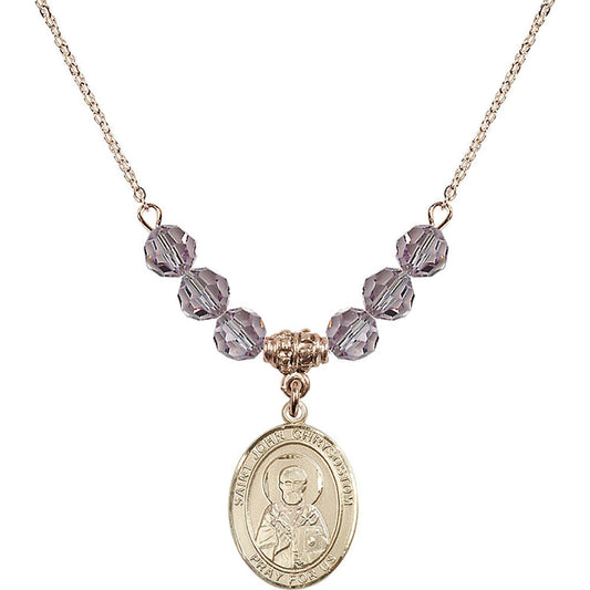 14kt Gold Filled Saint John Chrysostom Birthstone Necklace with Light Amethyst Beads - 8357