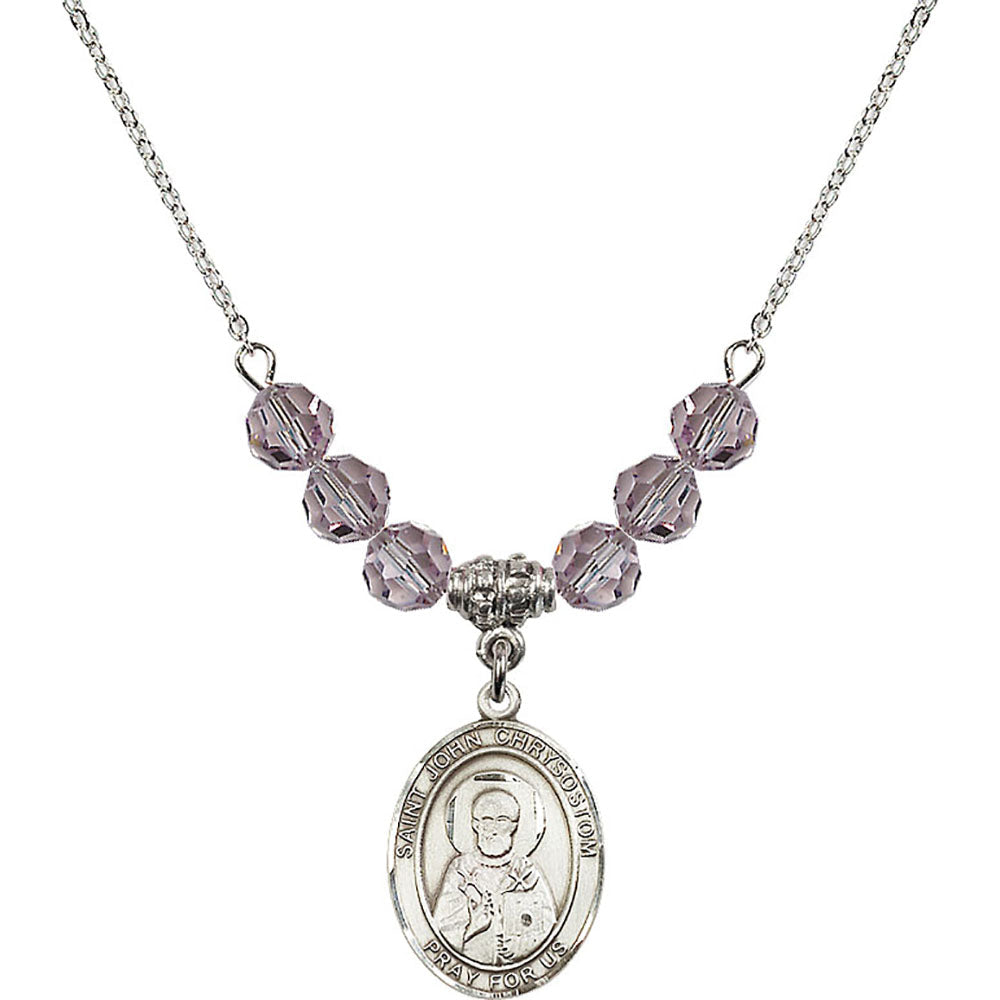 Sterling Silver Saint John Chrysostom Birthstone Necklace with Light Amethyst Beads - 8357