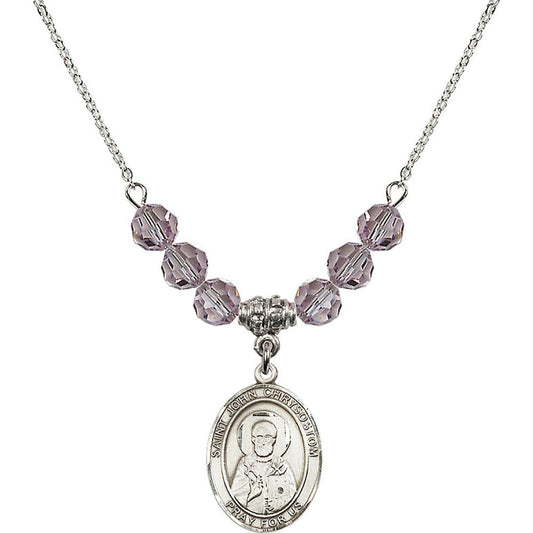 Sterling Silver Saint John Chrysostom Birthstone Necklace with Light Amethyst Beads - 8357