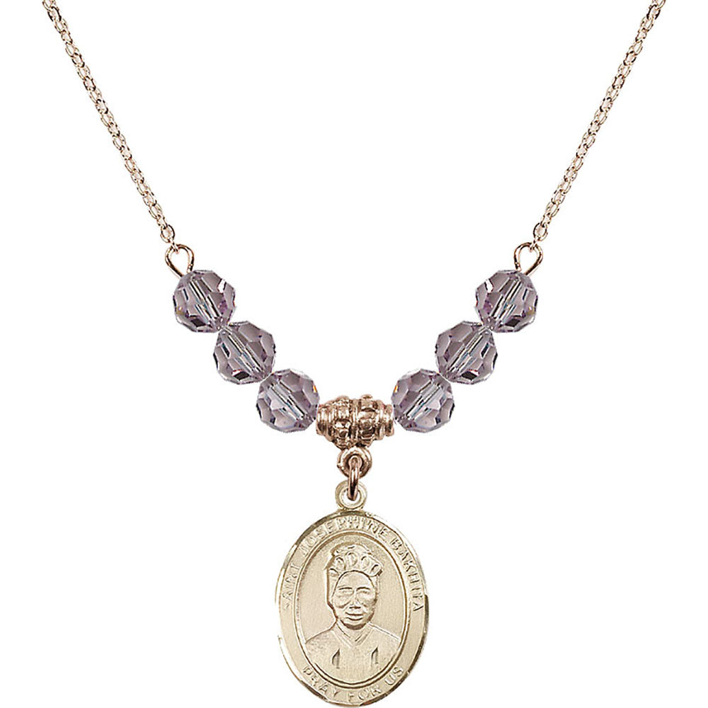 14kt Gold Filled Saint Josephine Bakhita Birthstone Necklace with Light Amethyst Beads - 8360