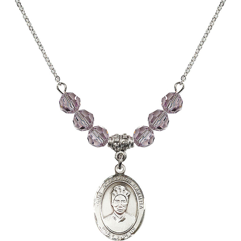 Sterling Silver Saint Josephine Bakhita Birthstone Necklace with Light Amethyst Beads - 8360