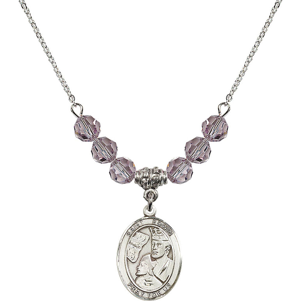Sterling Silver Saint Edwin Birthstone Necklace with Light Amethyst Beads - 8361