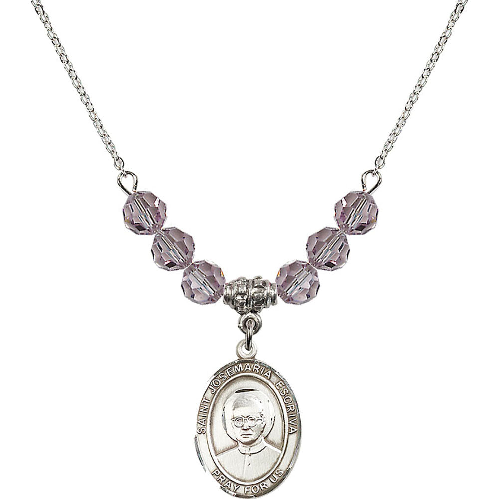 Sterling Silver Saint Josemaria Escriva Birthstone Necklace with Light Amethyst Beads - 8362