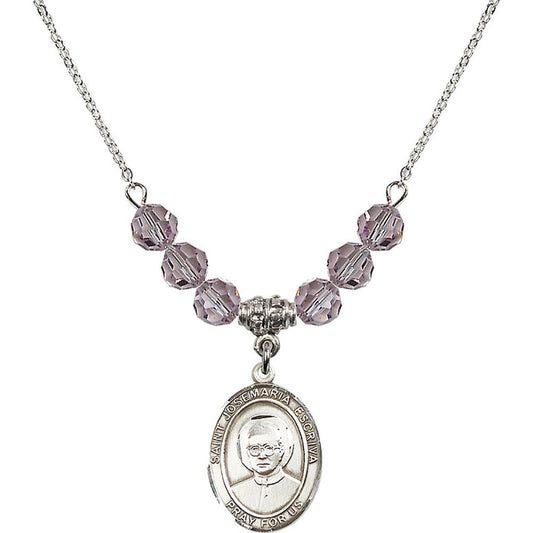 Sterling Silver Saint Josemaria Escriva Birthstone Necklace with Light Amethyst Beads - 8362