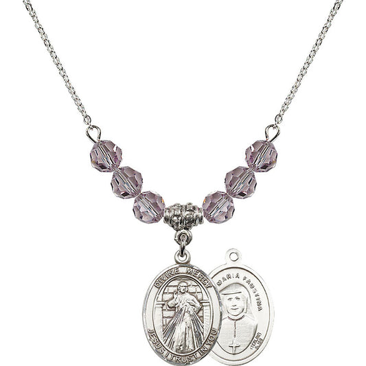 Sterling Silver Divine Mercy Birthstone Necklace with Light Amethyst Beads - 8366
