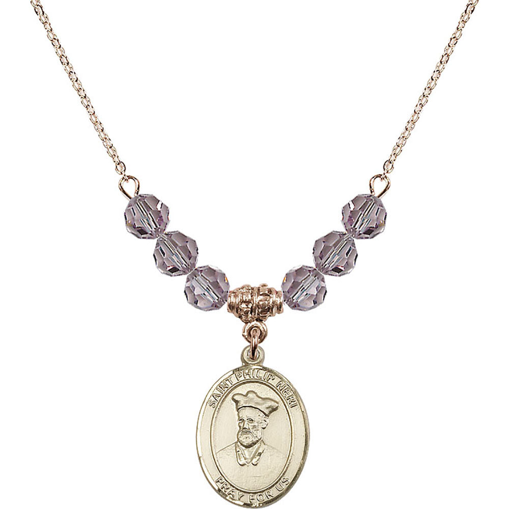 14kt Gold Filled Saint Philip Neri Birthstone Necklace with Light Amethyst Beads - 8369