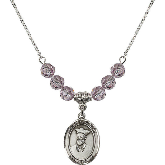 Sterling Silver Saint Philip Neri Birthstone Necklace with Light Amethyst Beads - 8369