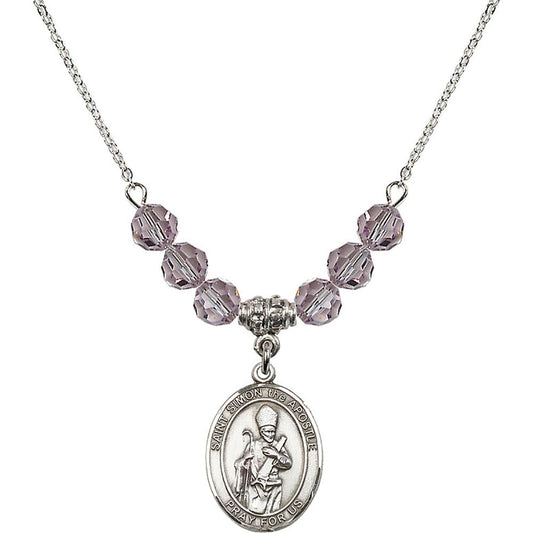 Sterling Silver Saint Simon the Apostle Birthstone Necklace with Light Amethyst Beads - 8375
