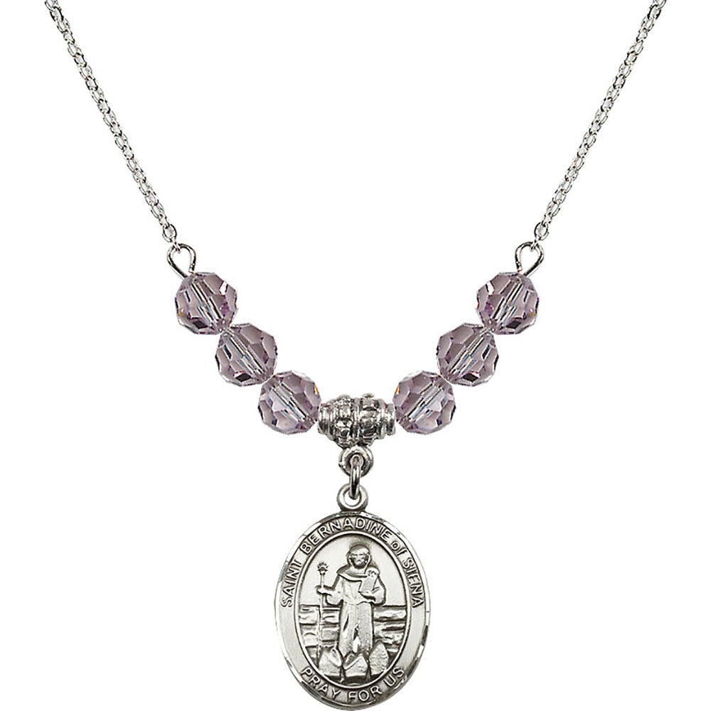 Sterling Silver Saint Bernadine of Sienna Birthstone Necklace with Light Amethyst Beads - 8387