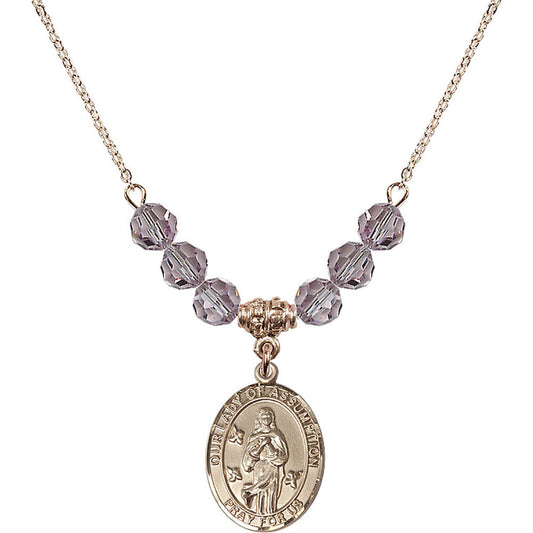 14kt Gold Filled Our Lady of Assumption Birthstone Necklace with Light Amethyst Beads - 8388