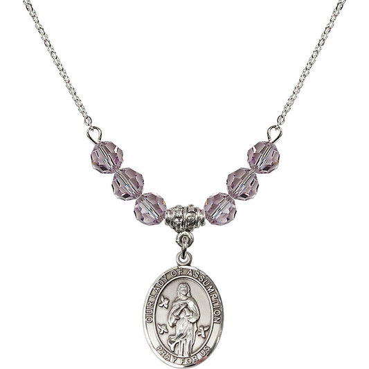 Sterling Silver Our Lady of Assumption Birthstone Necklace with Light Amethyst Beads - 8388