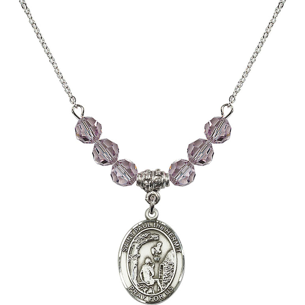 Sterling Silver Saint Paul the Hermit Birthstone Necklace with Light Amethyst Beads - 8394
