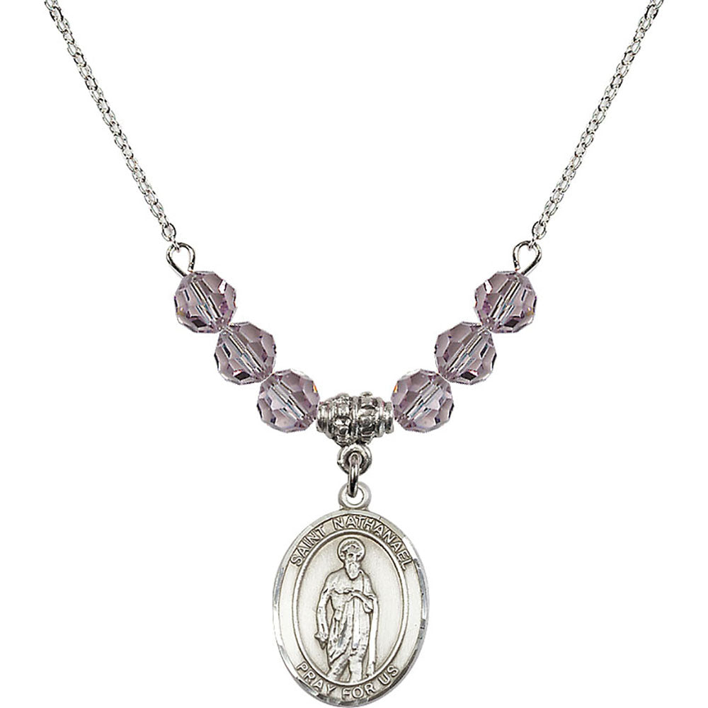 Sterling Silver Saint Nathanael Birthstone Necklace with Light Amethyst Beads - 8398