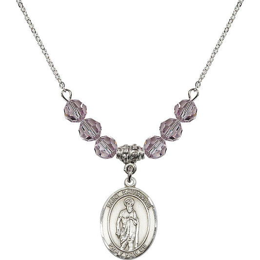 Sterling Silver Saint Nathanael Birthstone Necklace with Light Amethyst Beads - 8398