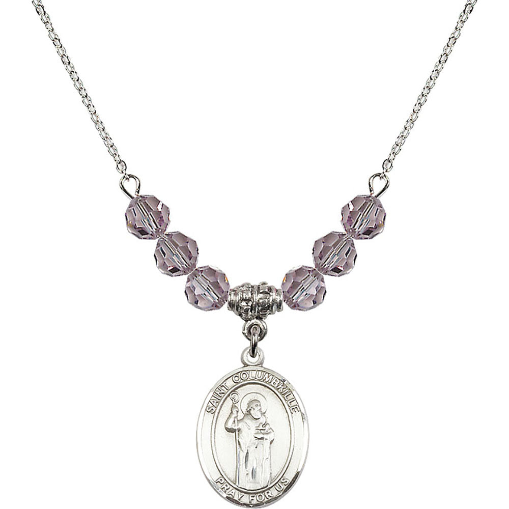 Sterling Silver Saint Columbkille Birthstone Necklace with Light Amethyst Beads - 8399