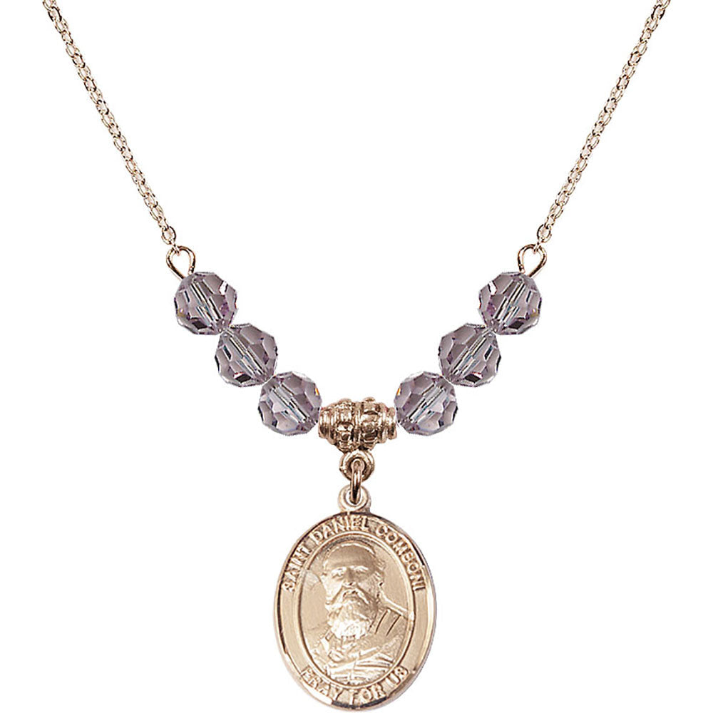 14kt Gold Filled Saint Daniel Comboni Birthstone Necklace with Light Amethyst Beads - 8400