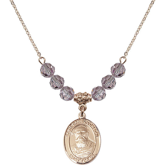 14kt Gold Filled Saint Daniel Comboni Birthstone Necklace with Light Amethyst Beads - 8400