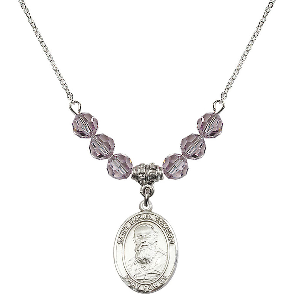 Sterling Silver Saint Daniel Comboni Birthstone Necklace with Light Amethyst Beads - 8400
