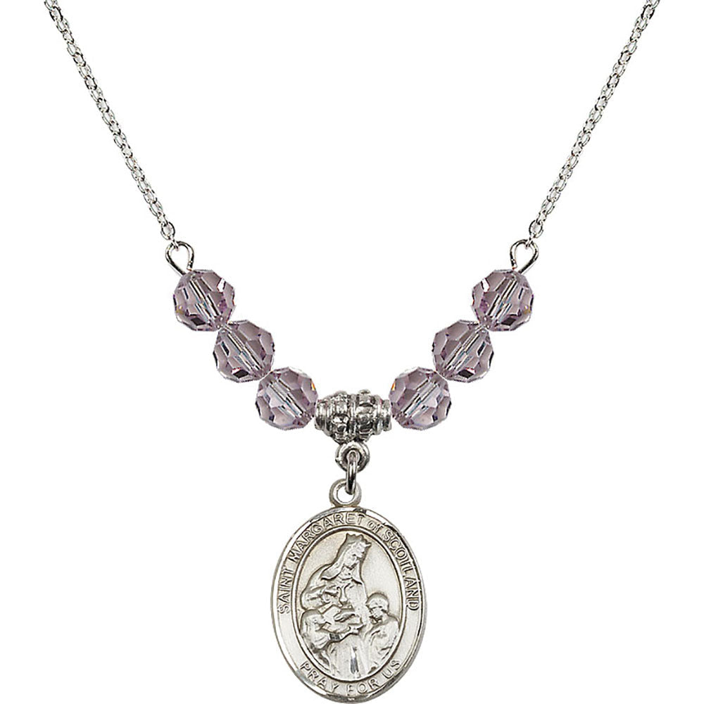 Sterling Silver Saint Margaret of Scotland Birthstone Necklace with Light Amethyst Beads - 8407