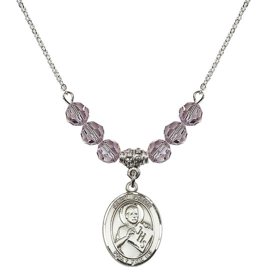 Sterling Silver Saint Viator of Bergamo Birthstone Necklace with Light Amethyst Beads - 8408