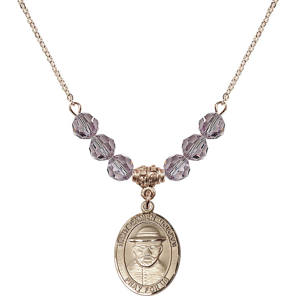 14kt Gold Filled Saint Damien of Molokai Birthstone Necklace with Light Amethyst Beads - 8412