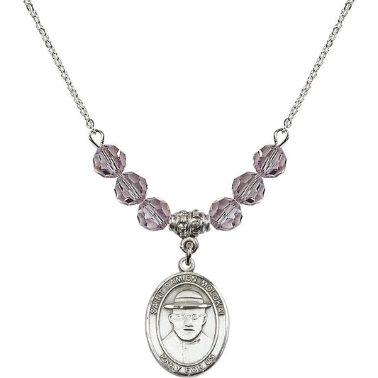 Sterling Silver Saint Damien of Molokai Birthstone Necklace with Light Amethyst Beads - 8412