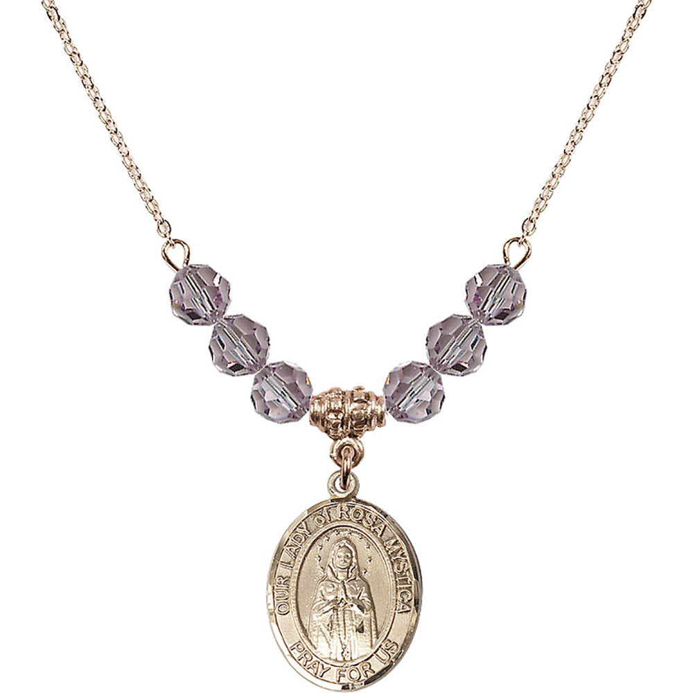 14kt Gold Filled Our Lady of Rosa Mystica Birthstone Necklace with Light Amethyst Beads - 8413