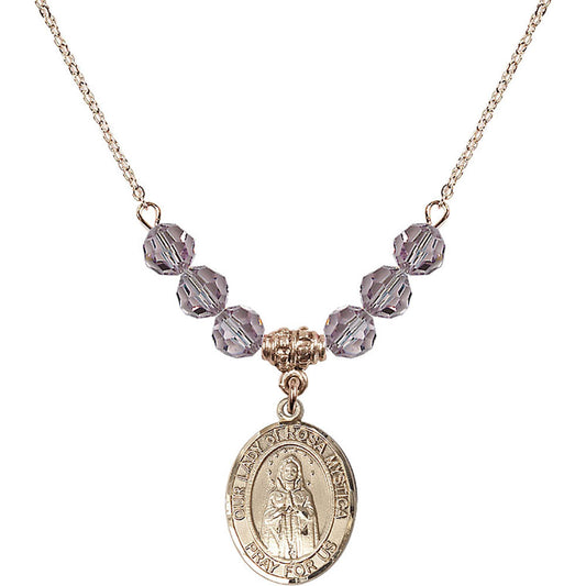 14kt Gold Filled Our Lady of Rosa Mystica Birthstone Necklace with Light Amethyst Beads - 8413