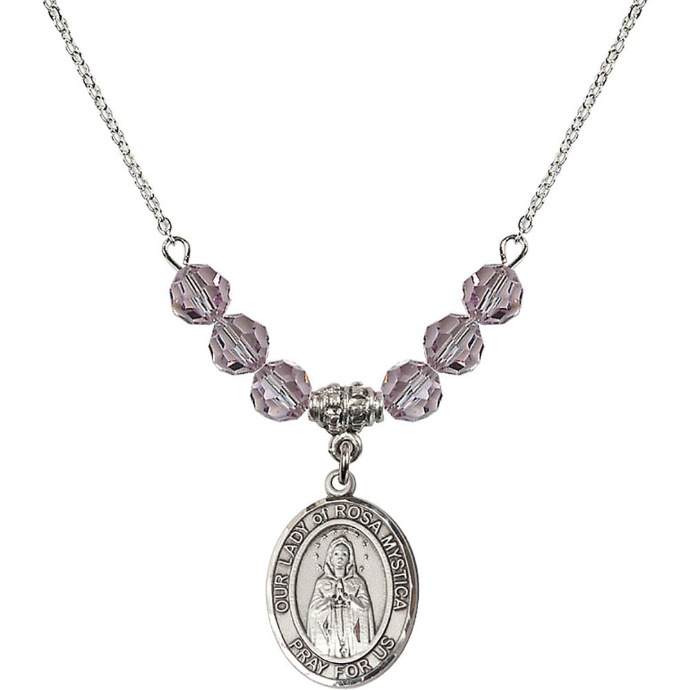 Sterling Silver Our Lady of Rosa Mystica Birthstone Necklace with Light Amethyst Beads - 8413
