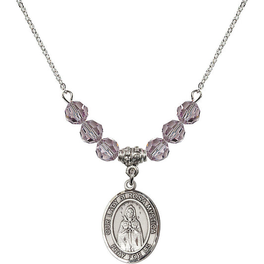 Sterling Silver Our Lady of Rosa Mystica Birthstone Necklace with Light Amethyst Beads - 8413