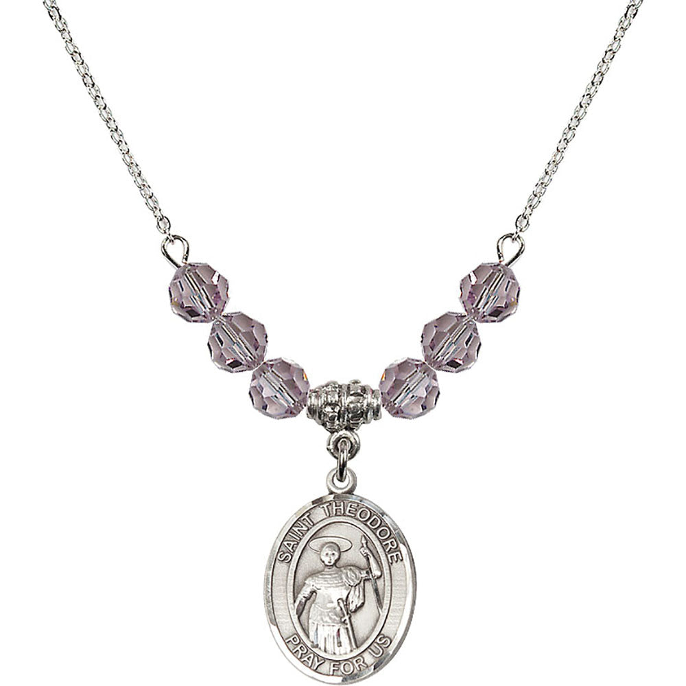 Sterling Silver Saint Theodore Stratelates Birthstone Necklace with Light Amethyst Beads - 8415