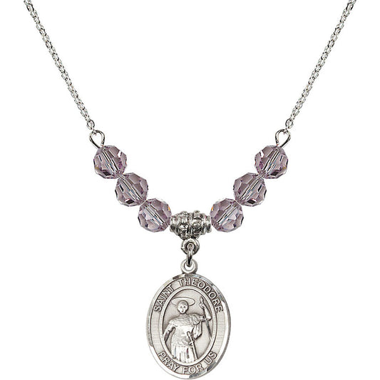 Sterling Silver Saint Theodore Stratelates Birthstone Necklace with Light Amethyst Beads - 8415