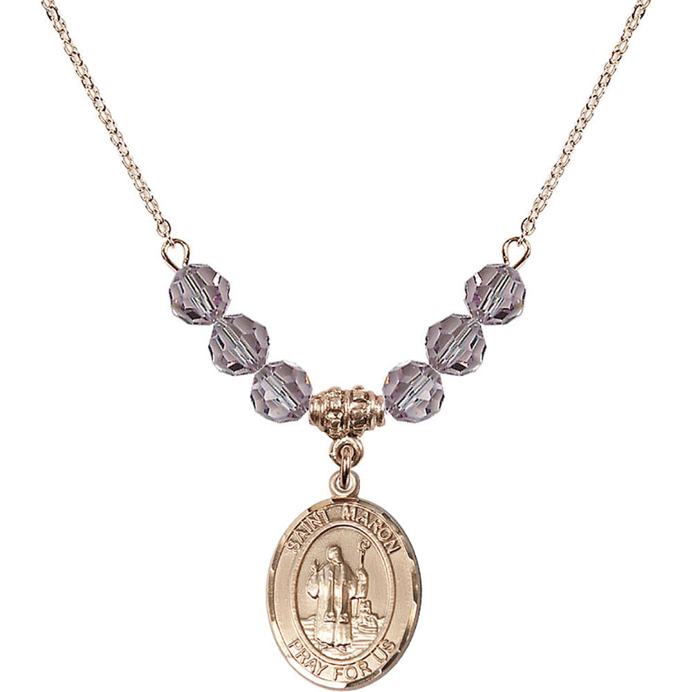 14kt Gold Filled Saint Maron Birthstone Necklace with Light Amethyst Beads - 8417