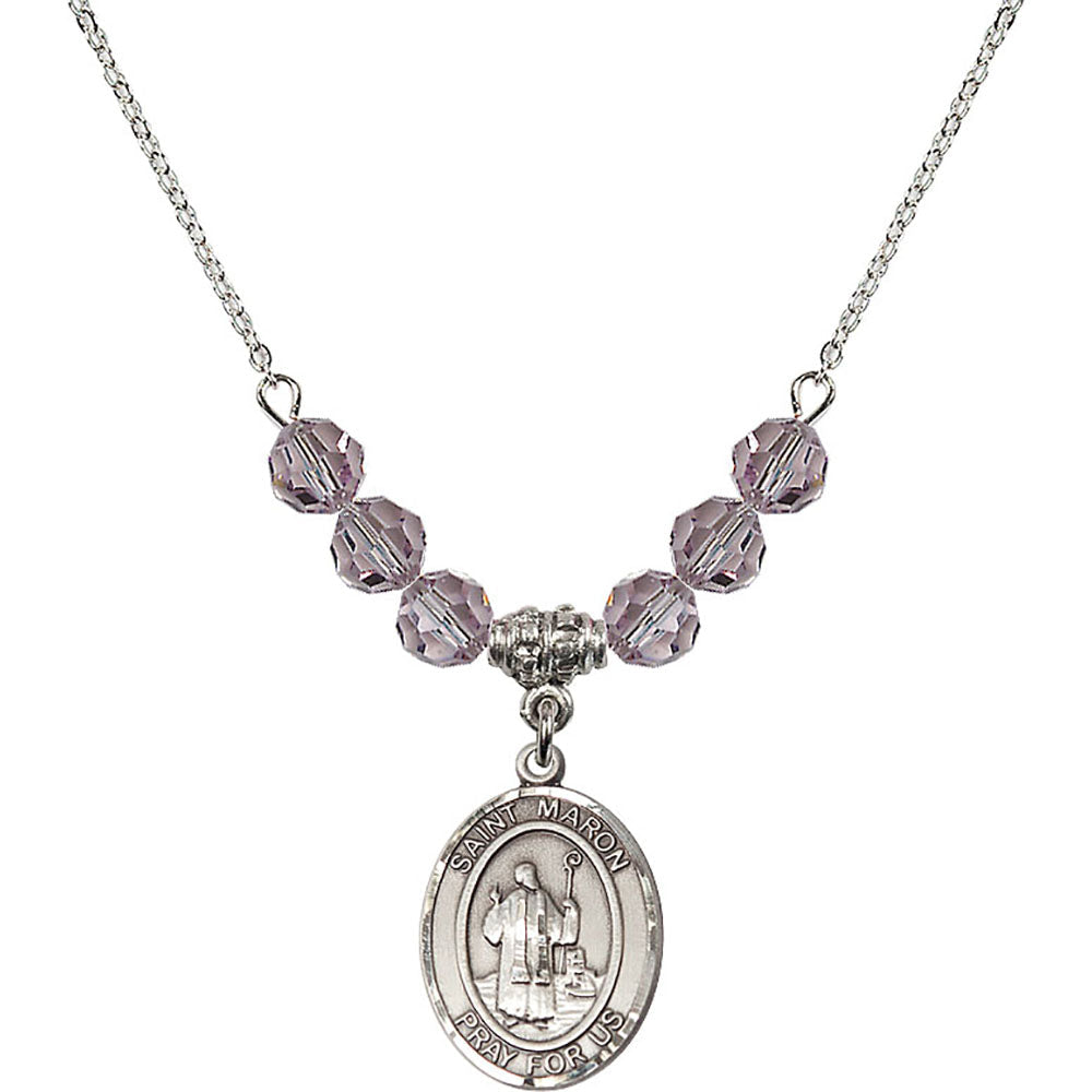 Sterling Silver Saint Maron Birthstone Necklace with Light Amethyst Beads - 8417
