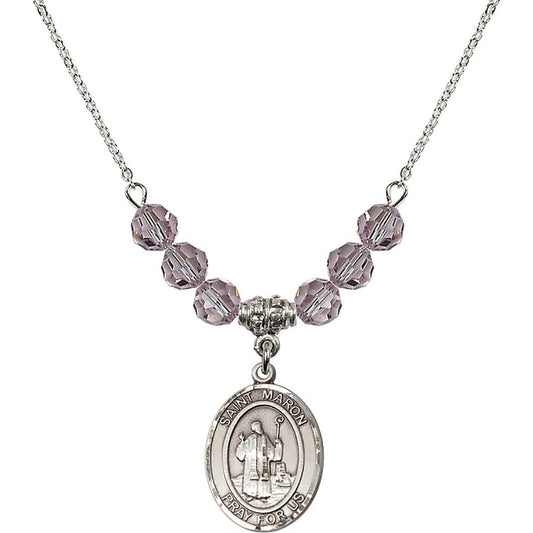 Sterling Silver Saint Maron Birthstone Necklace with Light Amethyst Beads - 8417