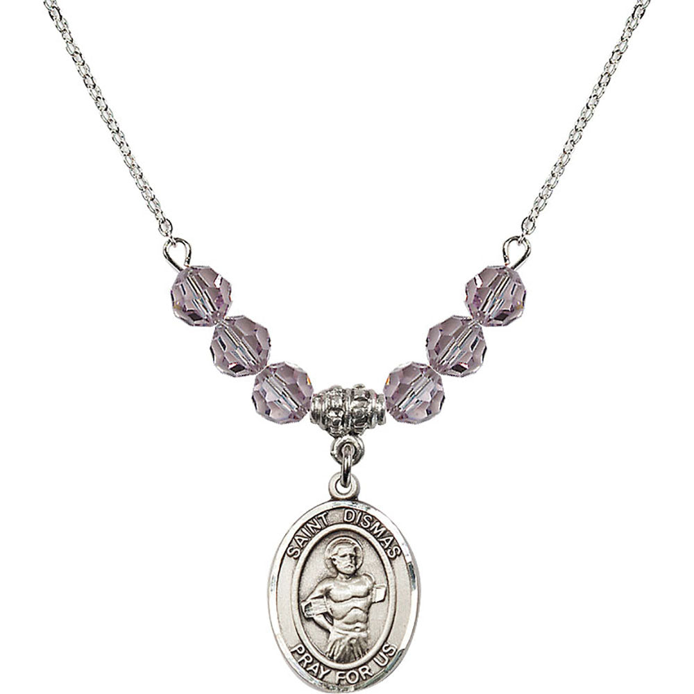 Sterling Silver Saint Dismas Birthstone Necklace with Light Amethyst Beads - 8418