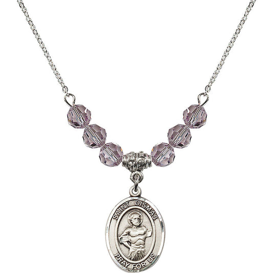 Sterling Silver Saint Dismas Birthstone Necklace with Light Amethyst Beads - 8418