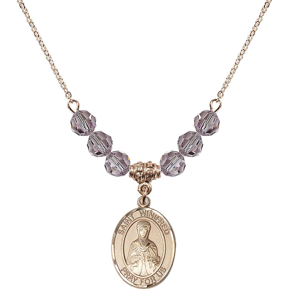 14kt Gold Filled Saint Winifred of Wales Birthstone Necklace with Light Amethyst Beads - 8419