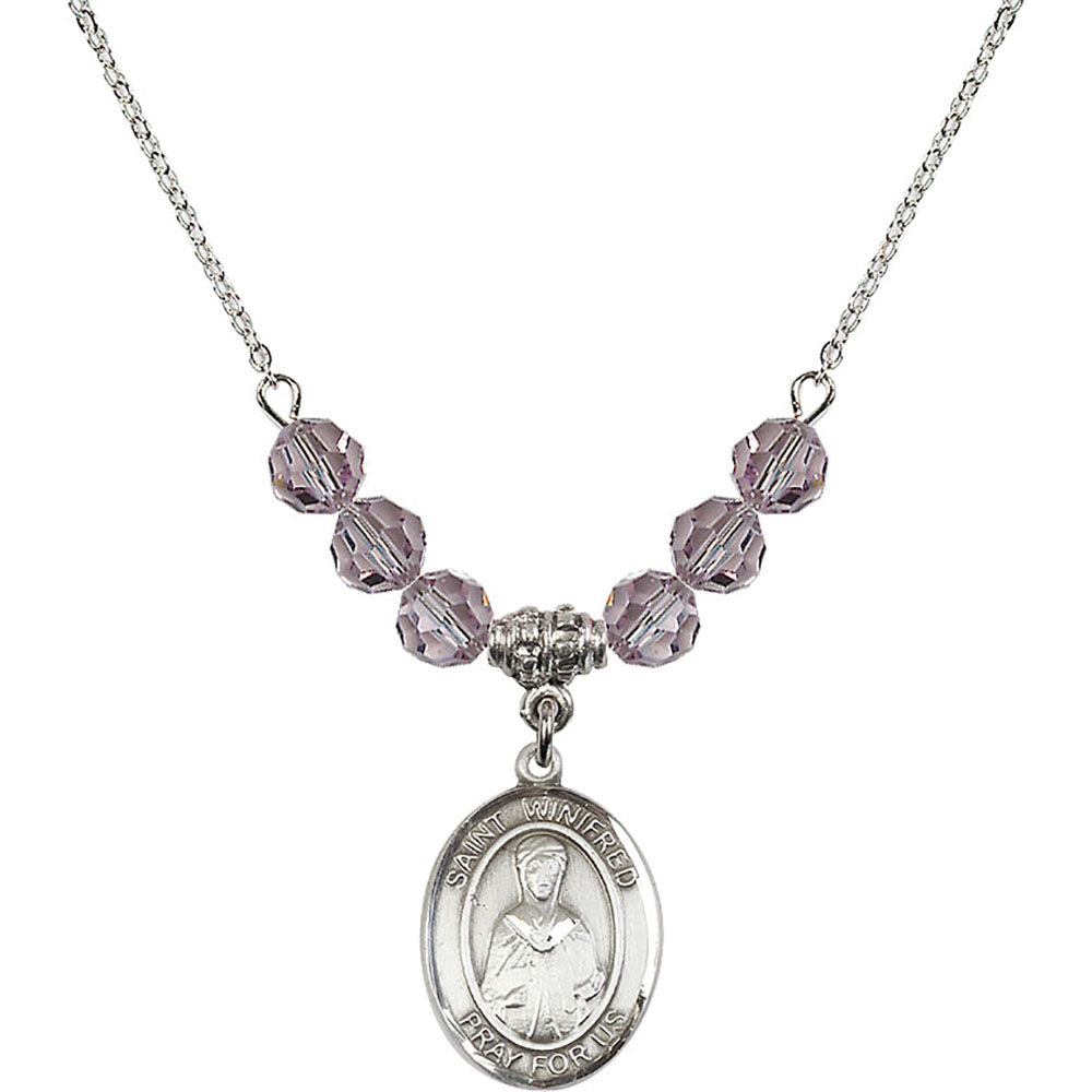 Sterling Silver Saint Winifred of Wales Birthstone Necklace with Light Amethyst Beads - 8419