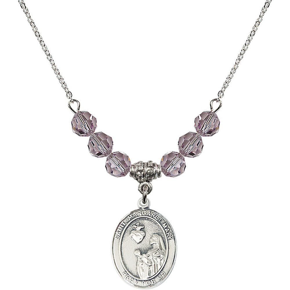 Sterling Silver Saint Margaret Mary Alacoque Birthstone Necklace with Light Amethyst Beads - 8420