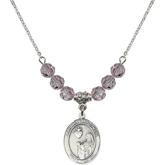 Sterling Silver Saint Margaret Mary Alacoque Birthstone Necklace with Light Amethyst Beads - 8420