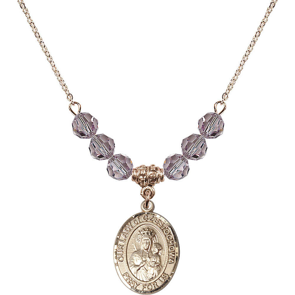 14kt Gold Filled Our Lady of Czestochowa Birthstone Necklace with Light Amethyst Beads - 8421