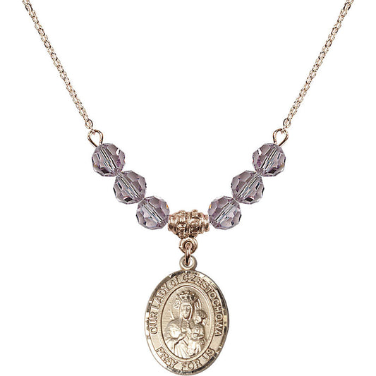 14kt Gold Filled Our Lady of Czestochowa Birthstone Necklace with Light Amethyst Beads - 8421