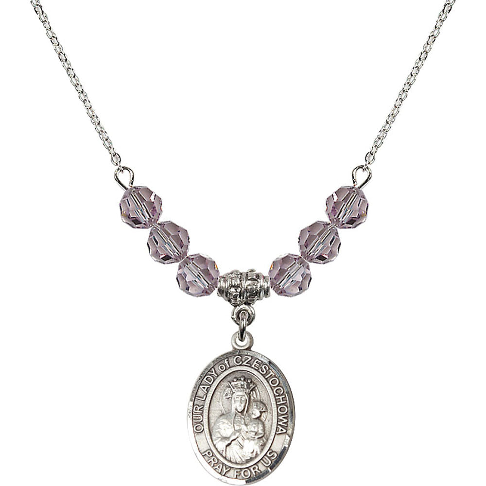 Sterling Silver Our Lady of Czestochowa Birthstone Necklace with Light Amethyst Beads - 8421