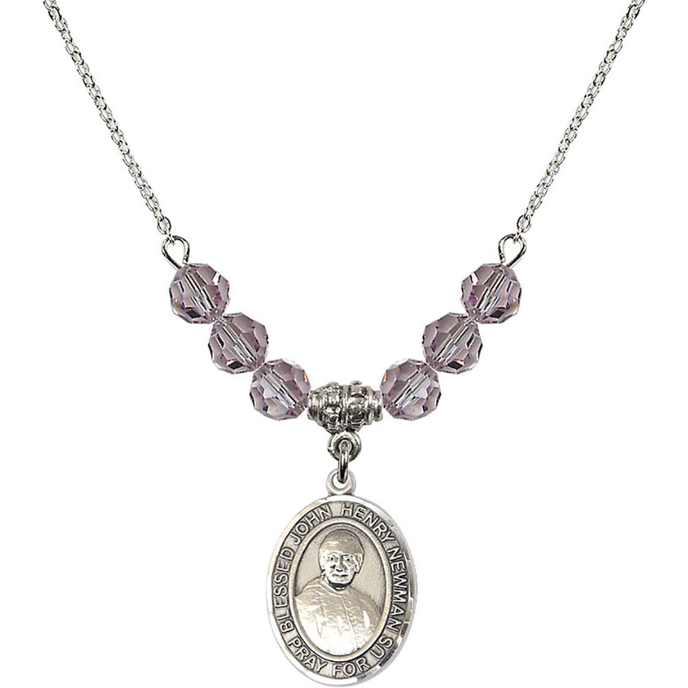 Sterling Silver Blessed John Henry Newman Birthstone Necklace with Light Amethyst Beads - 8423