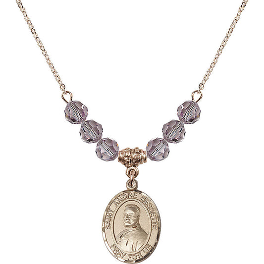 14kt Gold Filled Saint Andre Bessette Birthstone Necklace with Light Amethyst Beads - 8424
