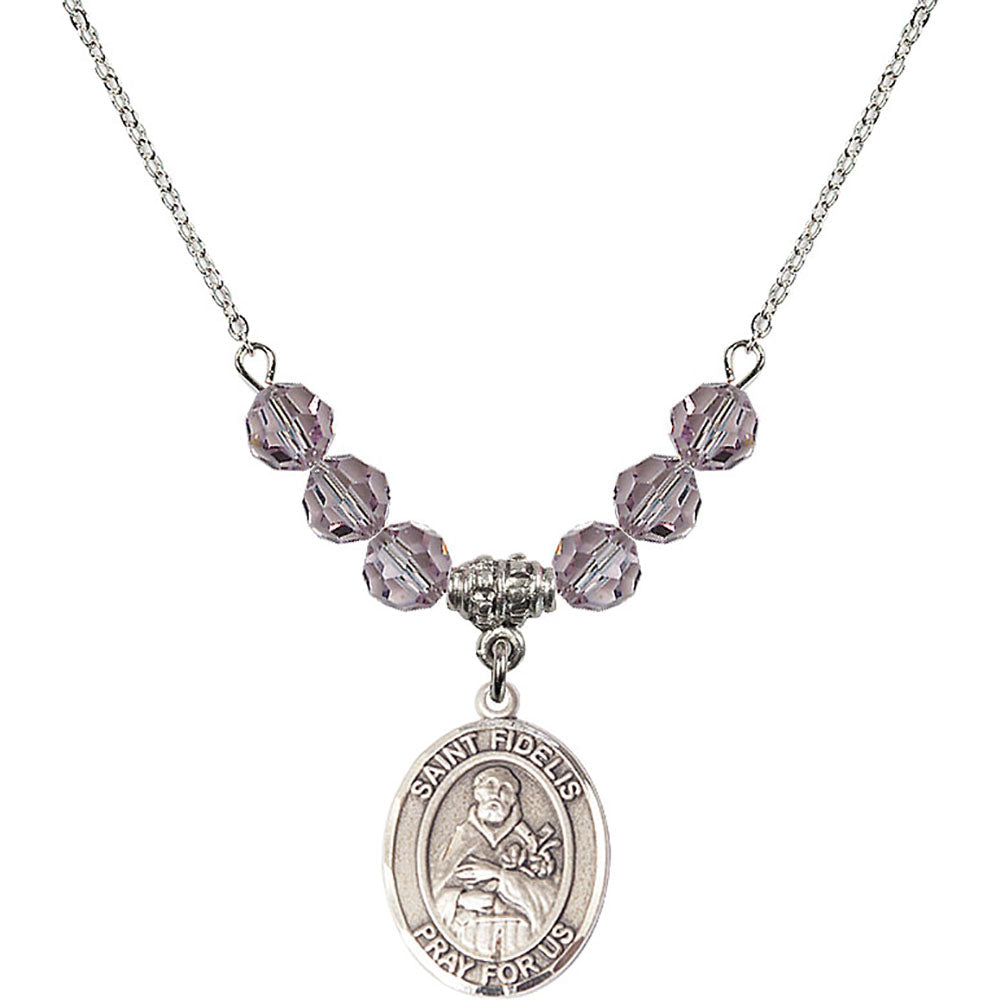 Sterling Silver Saint Fidelis Birthstone Necklace with Light Amethyst Beads - 8426