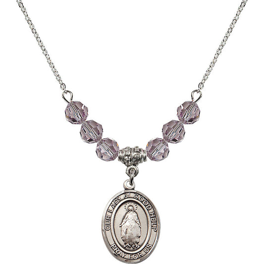 Sterling Silver Our Lady Of Good Help Birthstone Necklace with Light Amethyst Beads - 8431