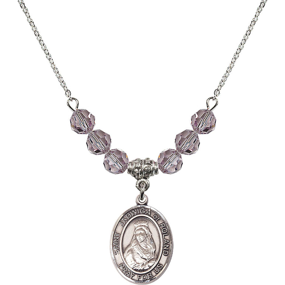Sterling Silver Saint Jadwiga of Poland Birthstone Necklace with Light Amethyst Beads - 8434