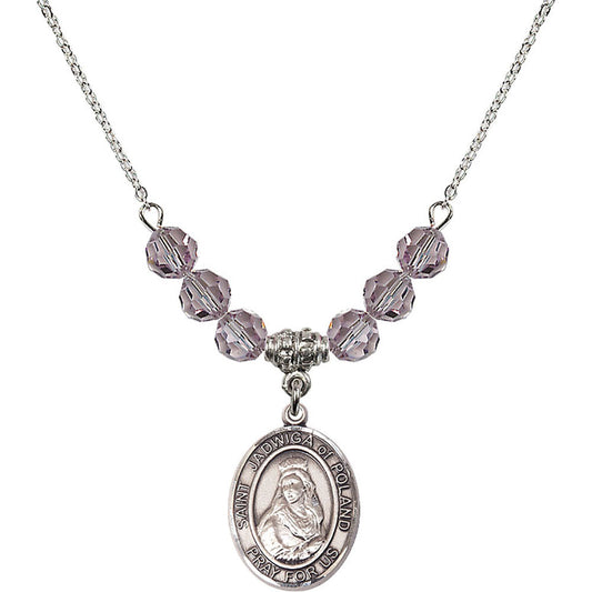 Sterling Silver Saint Jadwiga of Poland Birthstone Necklace with Light Amethyst Beads - 8434